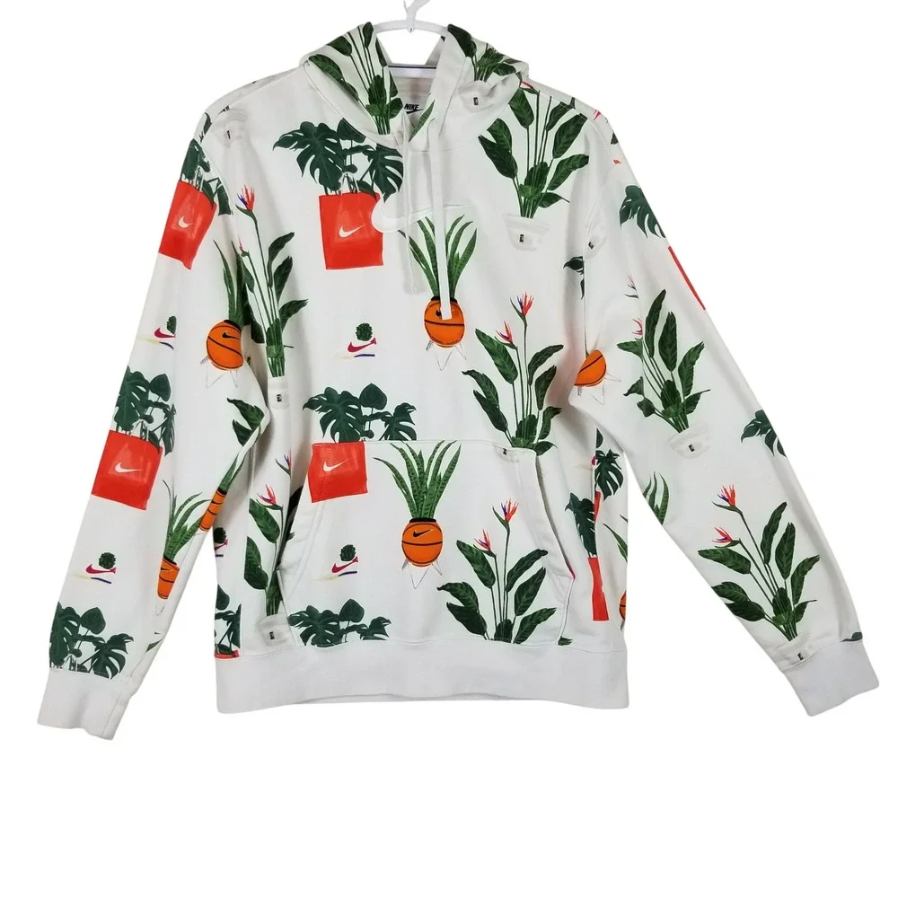 Nike Mens Sportswear Botanical Basketball Plant Print Hoodie White Medium